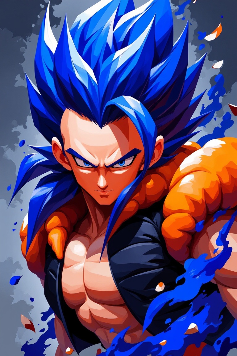 low angle view of a muscular anime fighter with sharp blue hair and piercing eyes,  dramatic shadows,  anime style with bo...