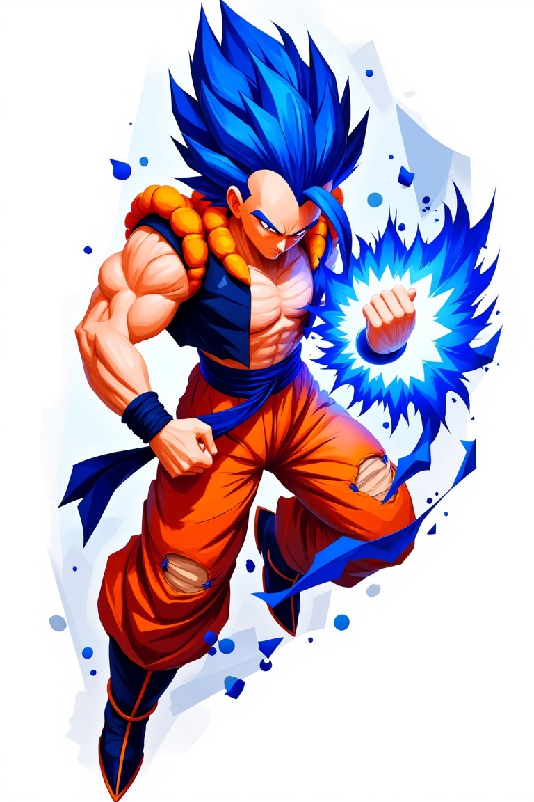 full body action pose of a blue-haired anime vegeta fusion,  glowing energy aura,  sharp cel shading on Tensor.Art