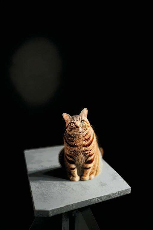 cat,  orange fur,  sitting on table BREAK dark studio on Tensor.Art