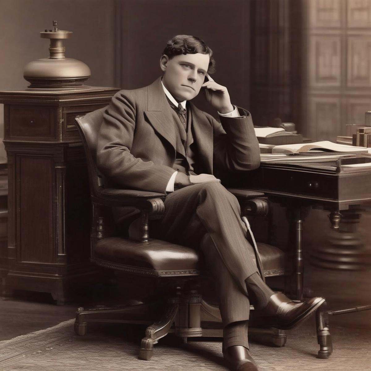 A distinguished gentleman sitting in his metal swivel chair at an oak desk. He smokes a pipe and has a shaved face and wav...