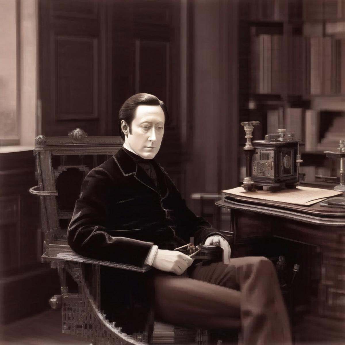 Data sitting in his metal swivel chair at an oak desk. He smokes a pipe and has a shaved face and wavy short brown hair. O...