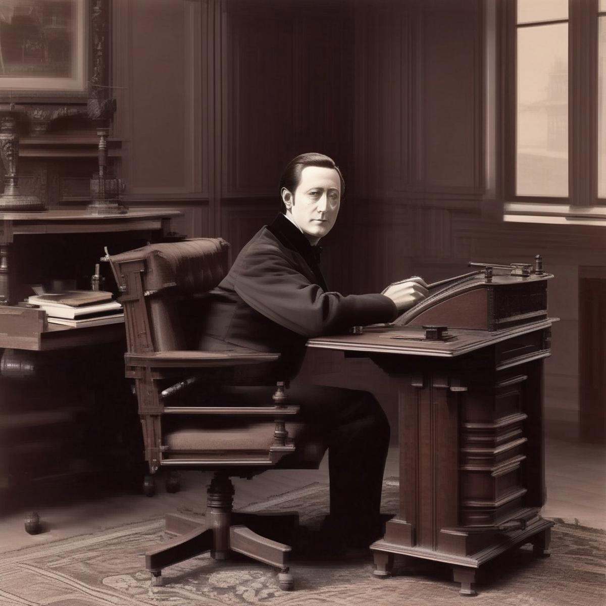 Data sitting in his metal swivel chair at an oak desk. He smokes a pipe and has a shaved face and wavy short brown hair. O...