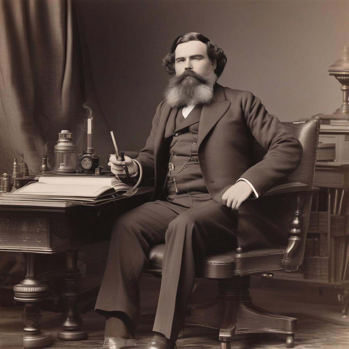 A distinguished gentleman sitting in his metal swivel chair at an oak desk. He has a pipe in his mouth,  a long black bear...