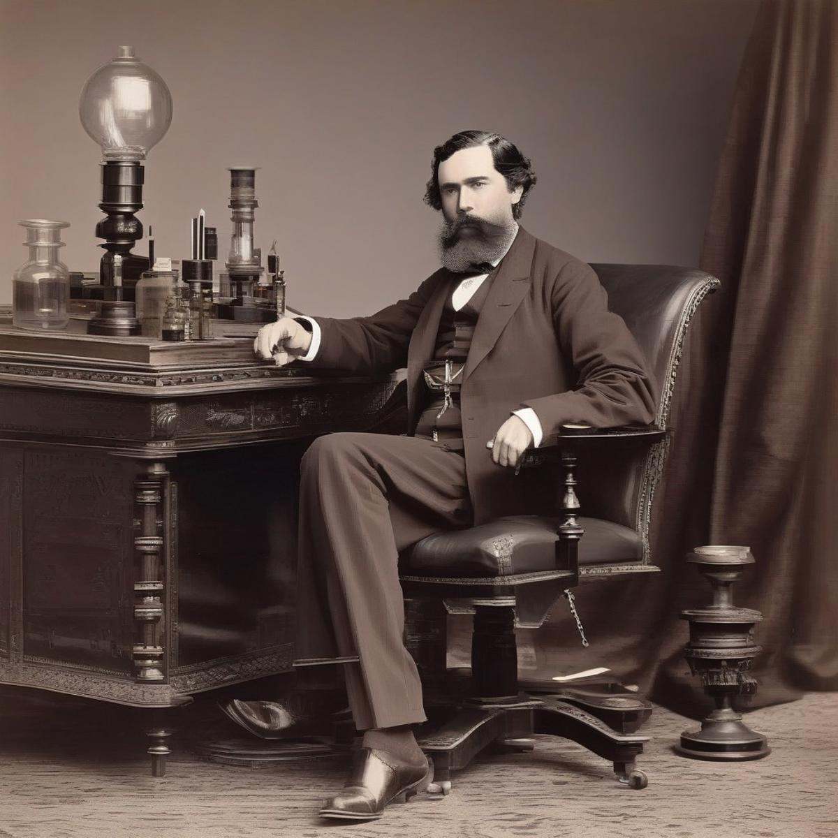 A distinguished gentleman sitting in his metal swivel chair at an oak desk. He has a pipe in his mouth,  a long black bear...