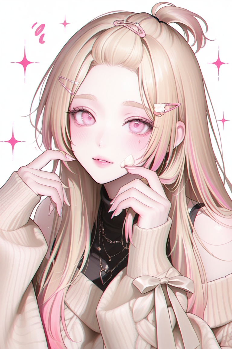 (long hair and bangs pinned back),  (blonde hair),  ((PINK EYES: 1.3)) on Tensor.Art