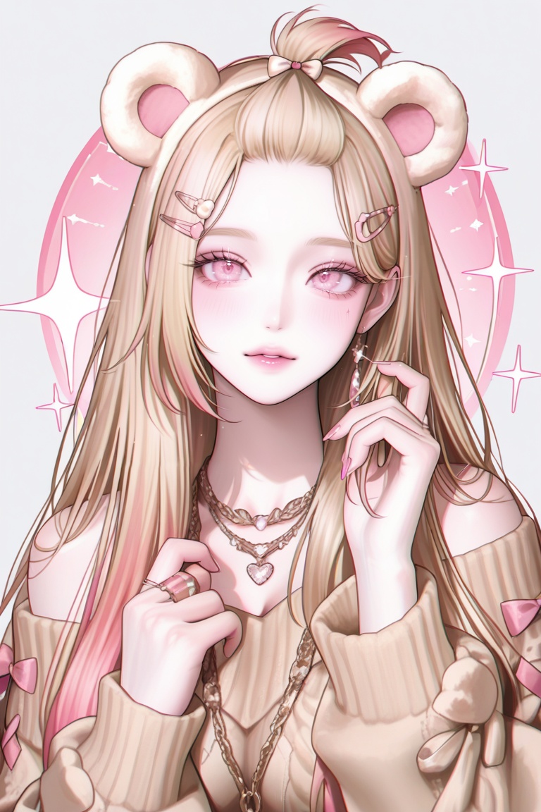 (long hair and bangs pinned back),  (blonde hair),  ((PINK EYES: 1.3)) on Tensor.Art