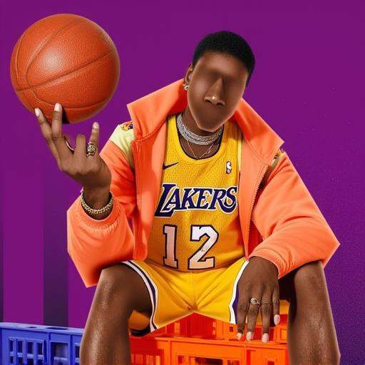 Stylised male athlete spinning a basketball on his fingertip,  wearing a vintage Lakers jersey,  gold grillz on Tensor.Art