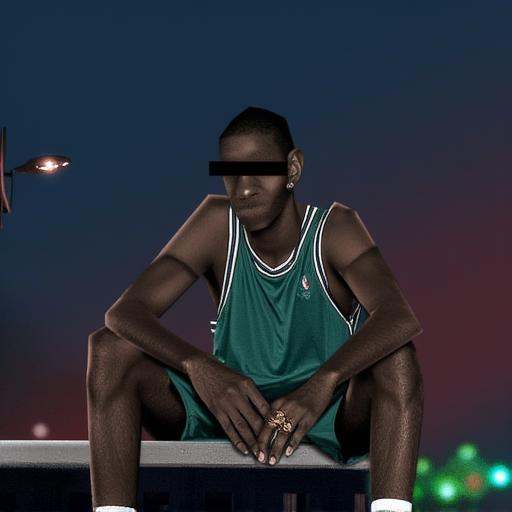 Stylised basketball player in a torn green jersey,  sitting alone at the edge of a rooftop court at night,  legs dangling...