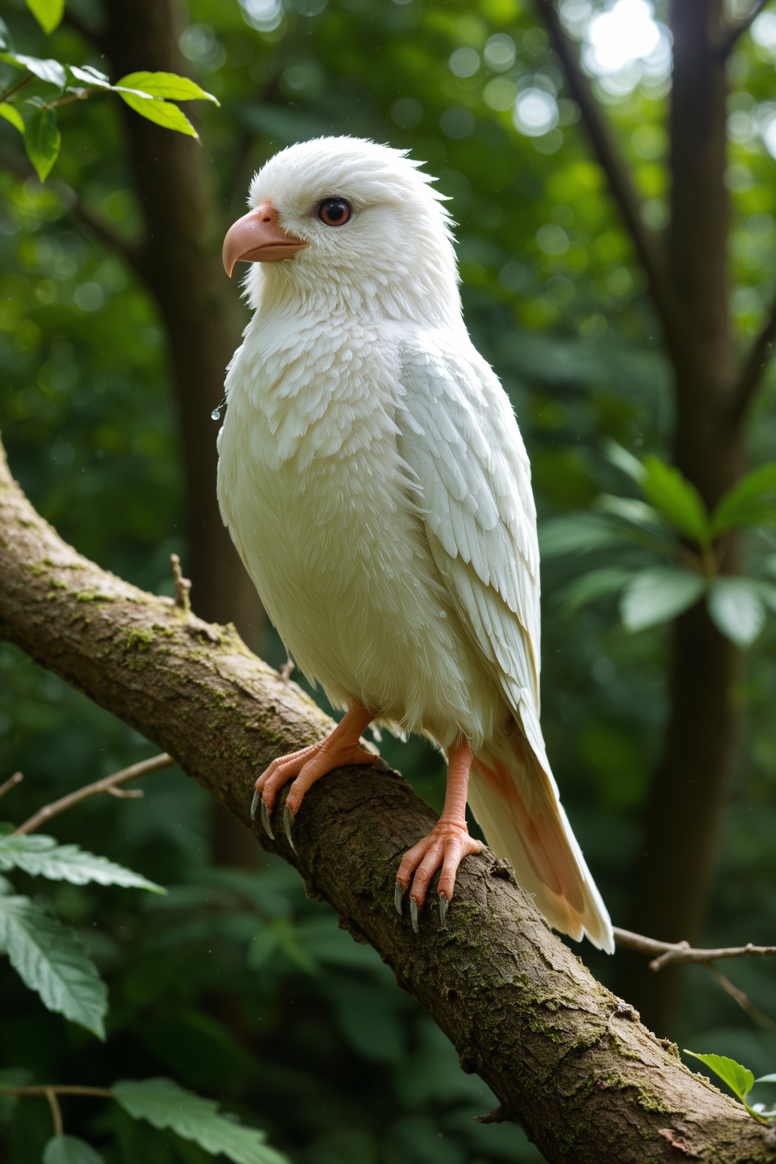 hyper-realistic image of a stunning crystalline bird standing calmly on a mossy branch,  body made of clear gem-like cryst...