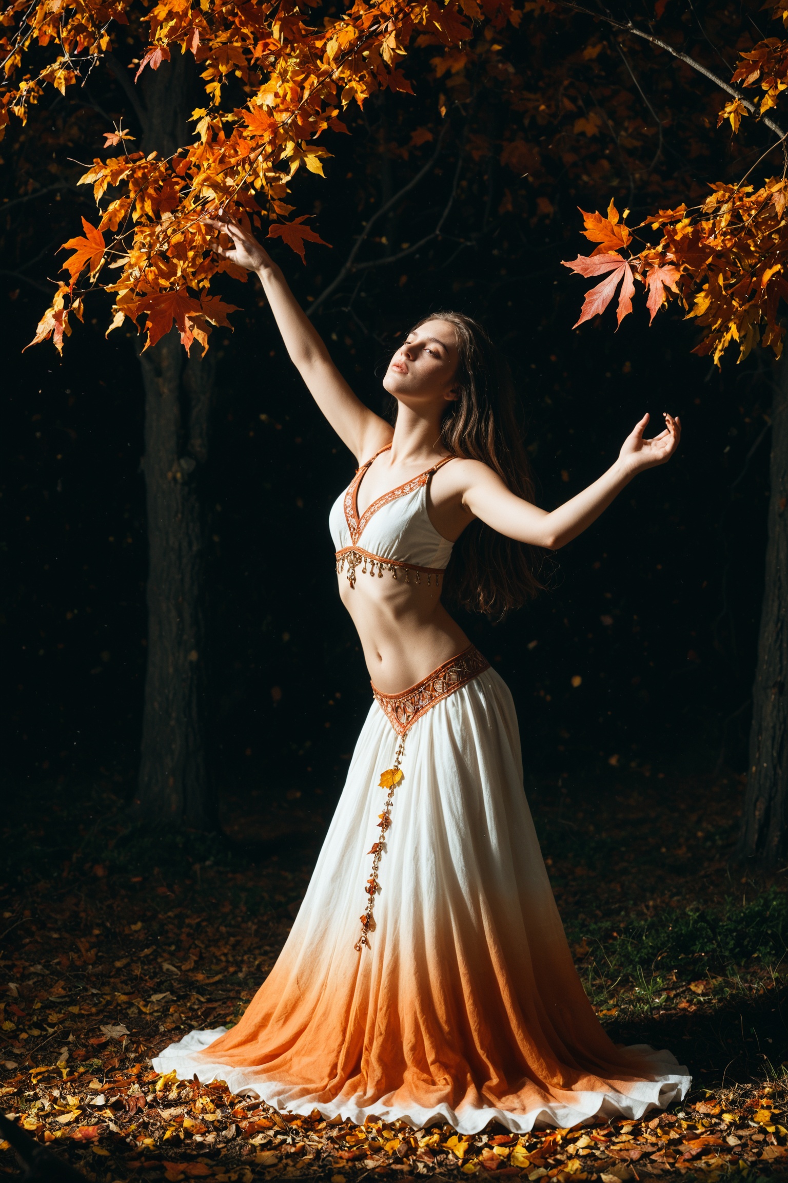 A captivating artistic portrayal of a dancer gracefully transitioning into a whirlwind of autumn leaves colors ,  symboliz...