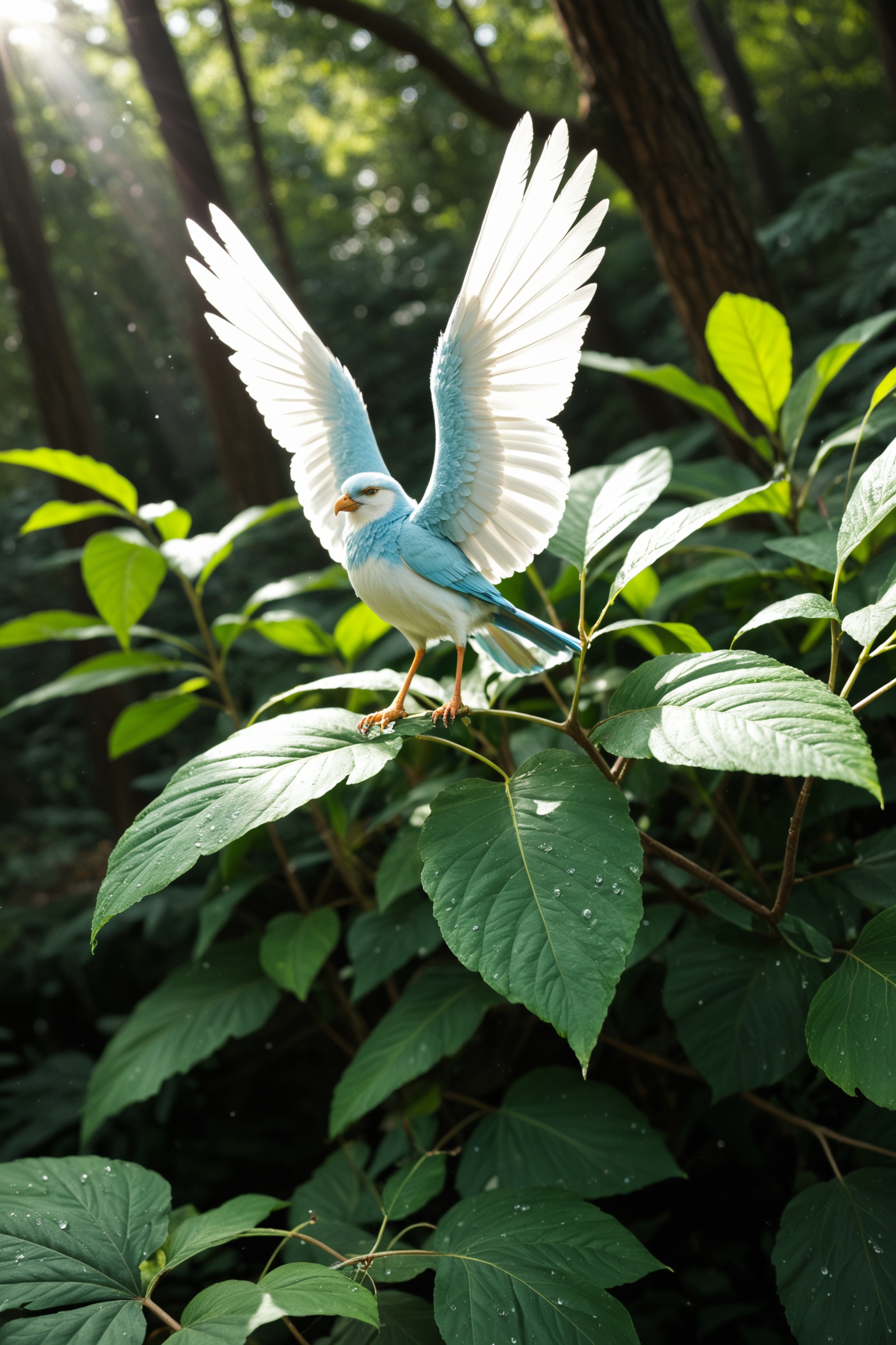 hyper-realistic image of a stunning crystalline bird standing calmly on a mossy branch,  body made of clear gem-like cryst...