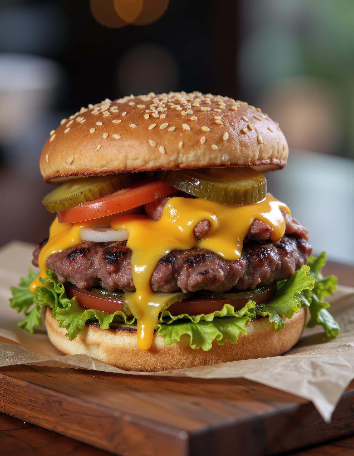 An ultra-detailed,  photorealistic food photography image of a gourmet cheeseburger captured in sharp foreground focus,  p...
