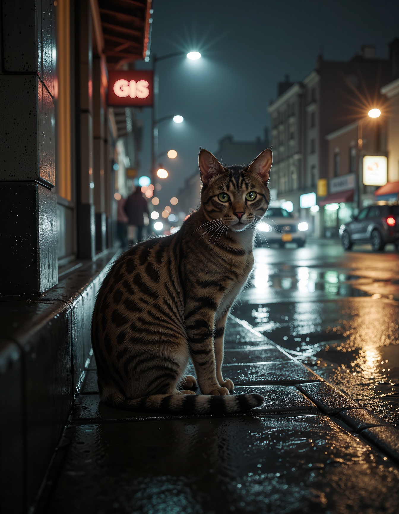 An ultra-photorealistic,  emotionally powerful portrait of a stray cat with a sorrowful expression,  sitting alone at a di...