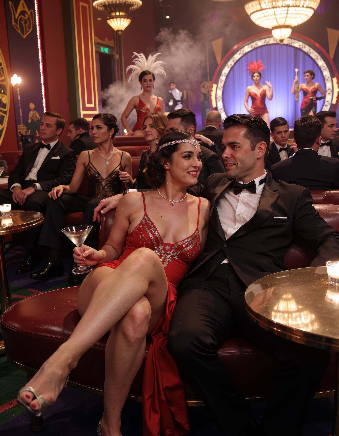 A hyper-stylized,  photorealistic cinematic scene inspired by 1920s Paris cabaret nightlife,  set in a lavish Art Deco nig...