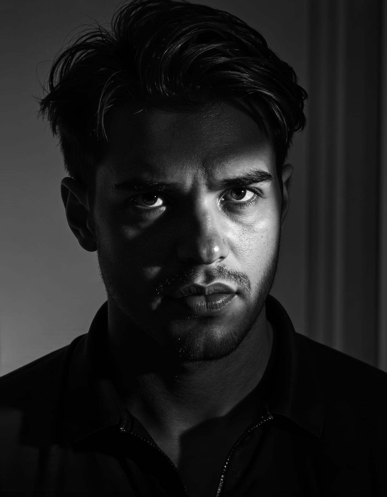 A moody,  ultra-realistic monochrome portrait of a man in his 30s captured in cinematic half-shadow,  raw emotion in his e...