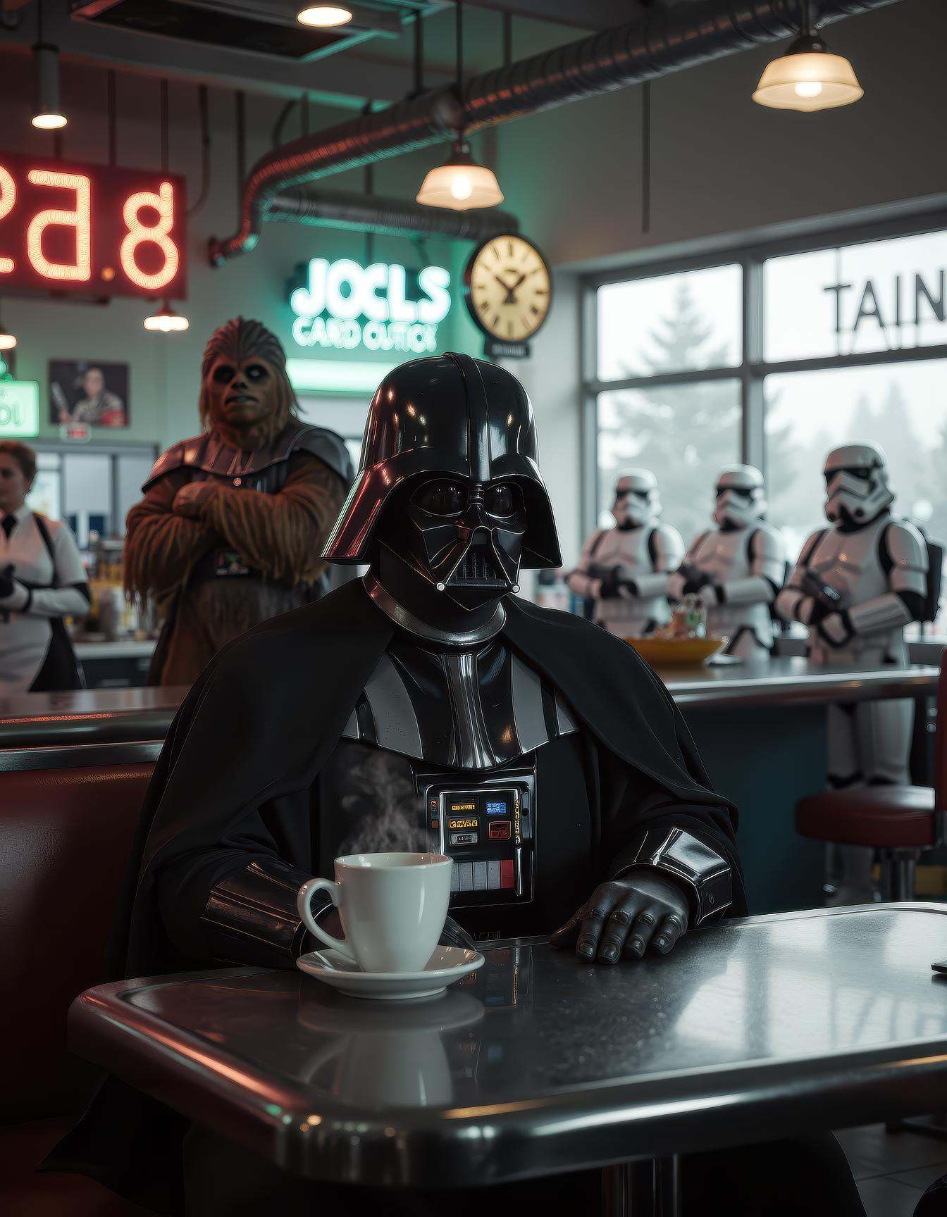 A hyper-realistic,  photorealistic cinematic image of Darth Vader sitting in a crowded retro diner,  a steaming coffee cup...