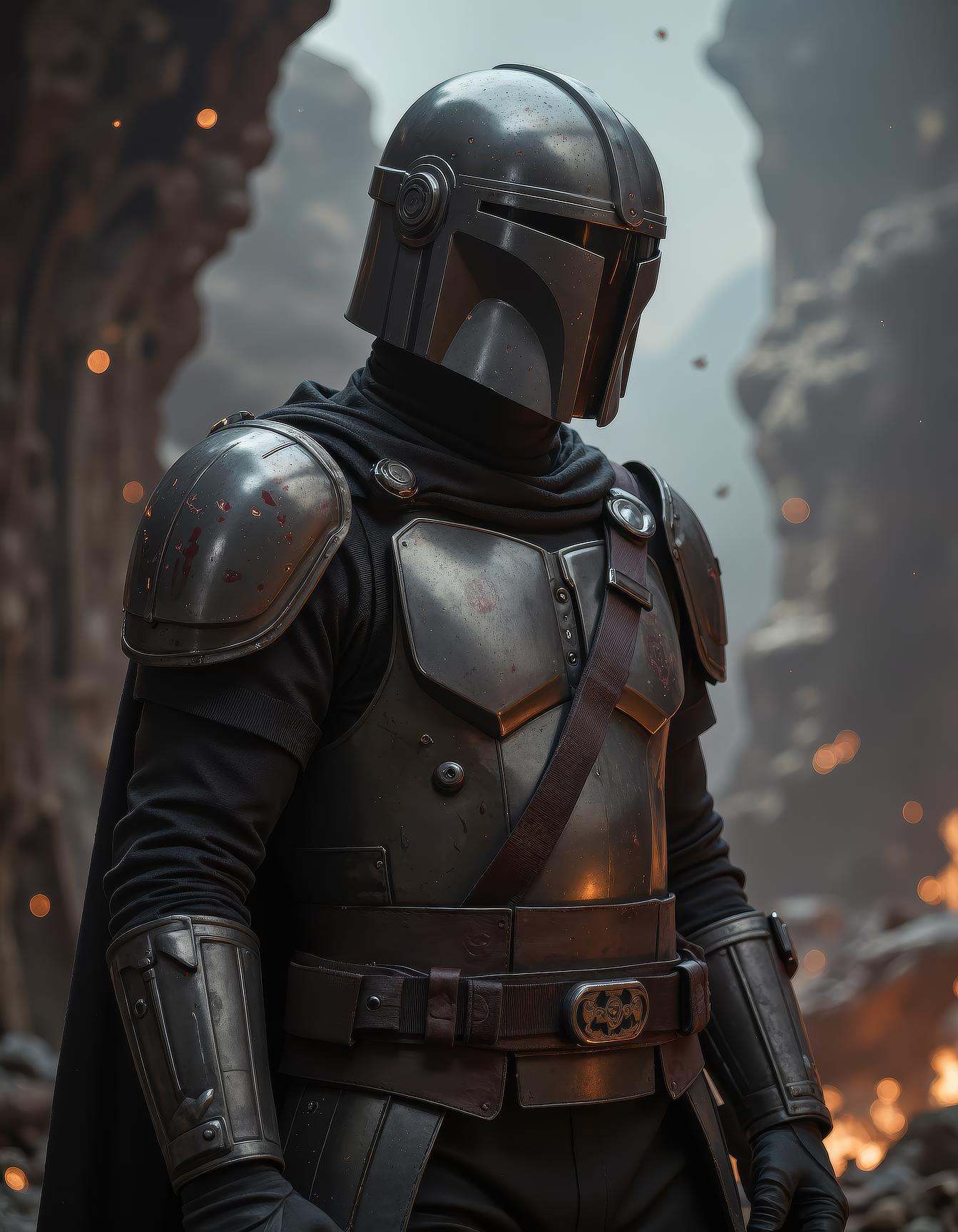 A photorealistic,  ultra-detailed 8K portrait poster of The Mandalorian (Din Djarin) in a stoic stance,  his beskar helmet...