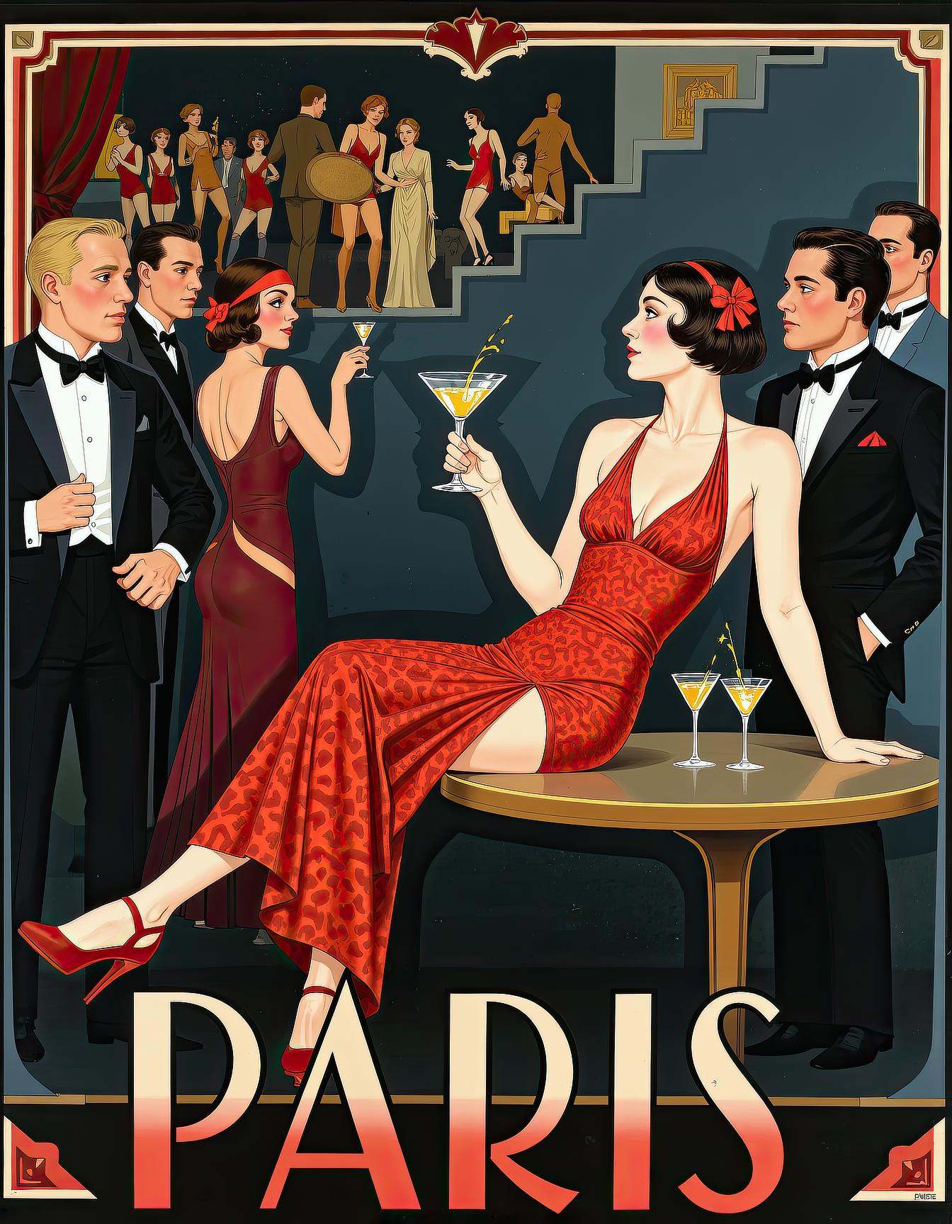 A highly stylized 1920s Art Deco poster illustration of an elegant flapper woman in a vibrant red patterned evening dress...