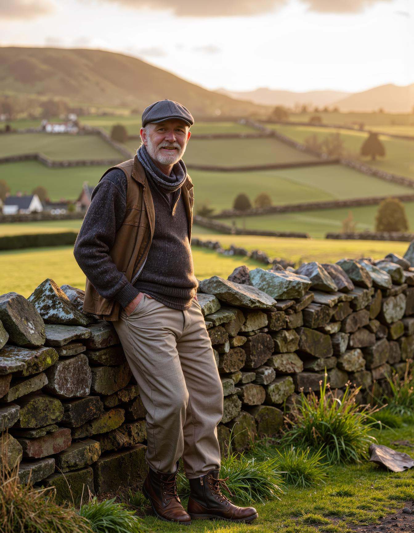 A wide-angle,  photorealistic landscape portrait of a rugged Irish farmer standing in the golden light of late afternoon,...
