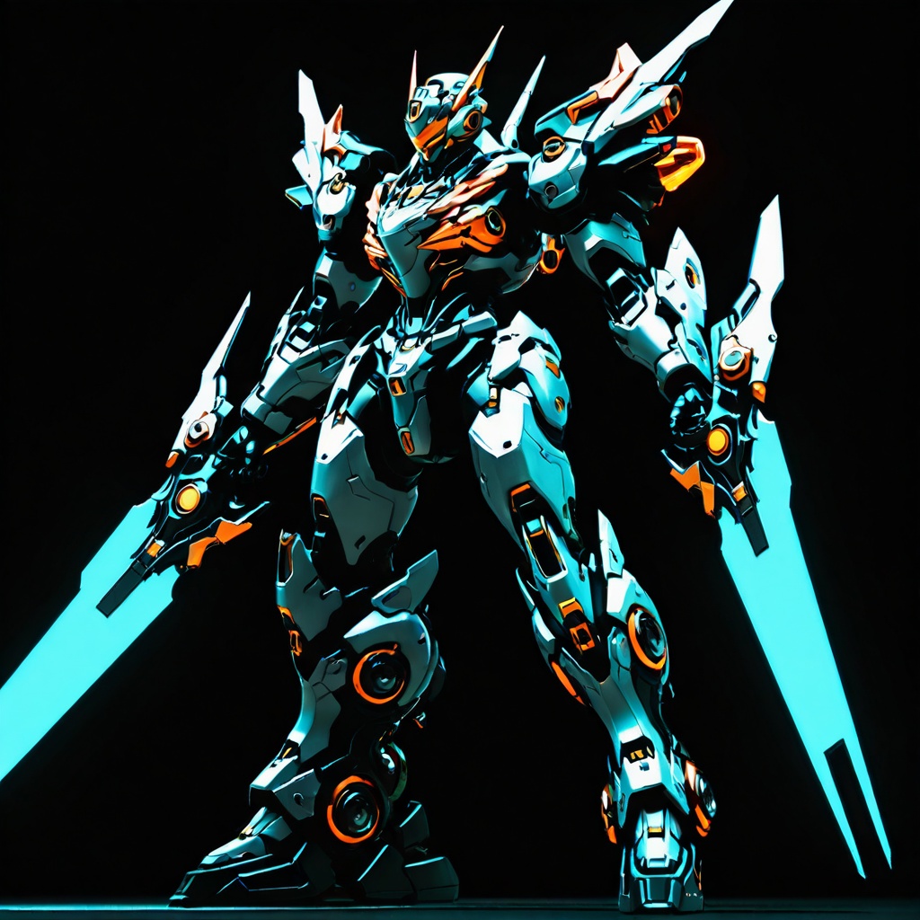 A solo robotic mecha standing motionless on a dark,  empty platform,  open hands holding a glowing weapon on Tensor.Art