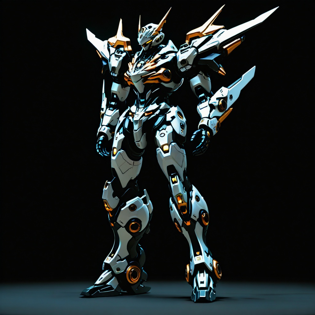 A solo robot standing on a dark,  desolate battlefield,  open hands extended forward with a glowing weapon floating betwee...