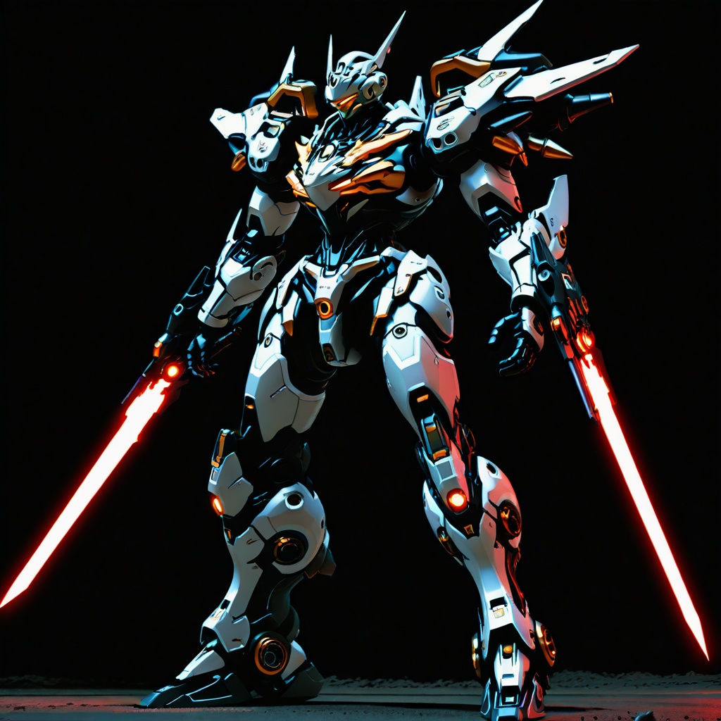 A solo robot standing on a dark,  desolate battlefield,  open hands extended forward with a glowing weapon floating betwee...