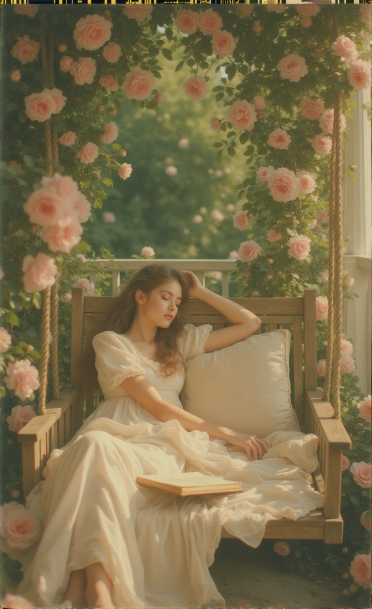A delicate young woman in a lazy pose,  fast asleep on a rustic porch swing. Her head is tilted back against a cushion,  a...