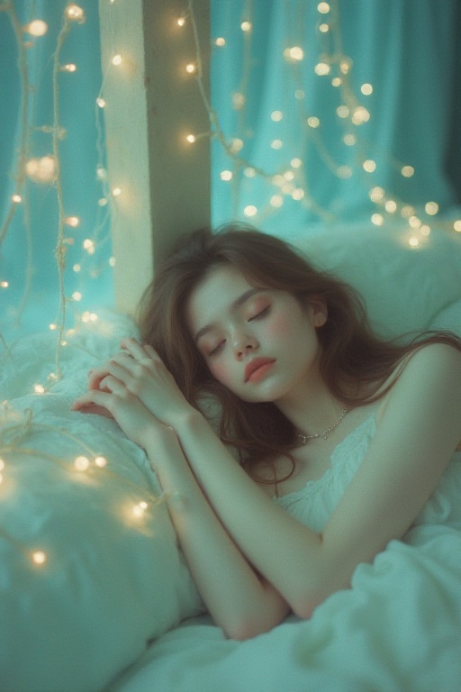 A young woman rests peacefully,  leaning against the pillar of a bridge woven from light and strung with glowing,  pastel-...