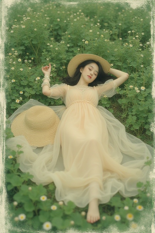 A delicate young woman in a lazy pose,  lying on her back in a field of clover and daisies. Her long,  flowing dress is ma...