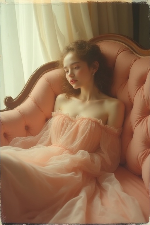A delicate young woman in a languid,  lazy pose,  draped across a vintage velvet chaise lounge. Her flowing on Tensor.Art