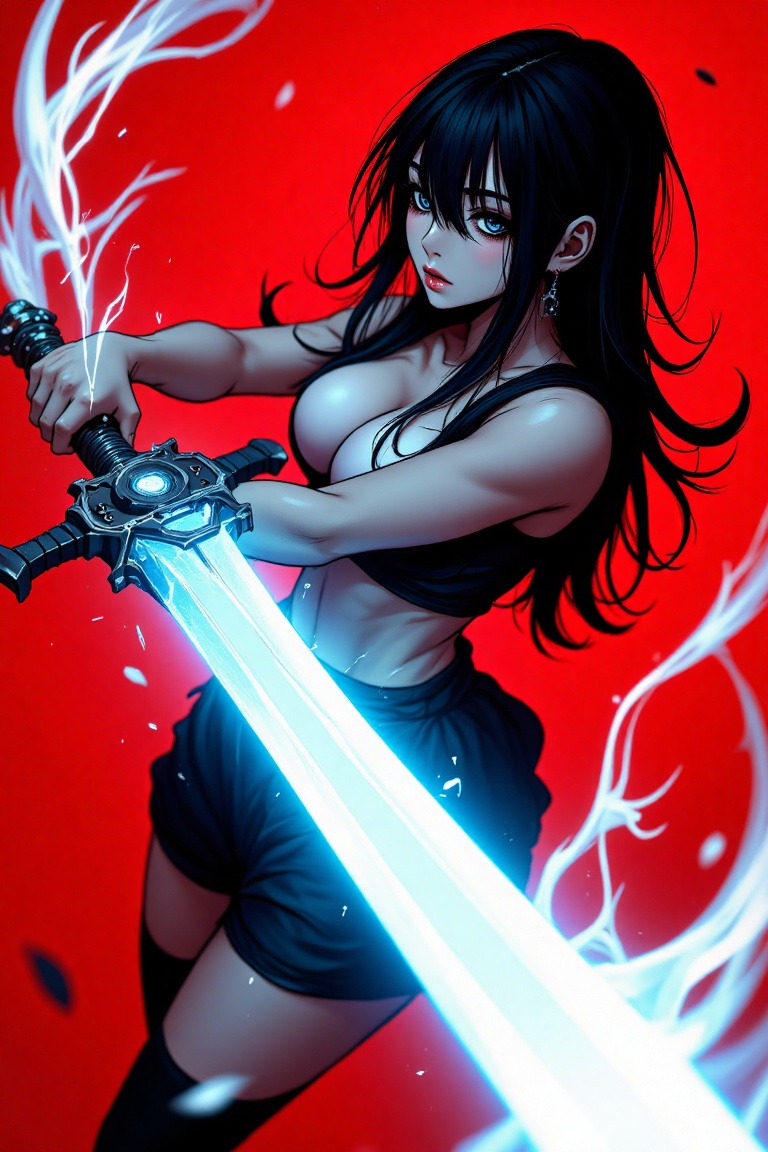 female anime character in black balloon trousers,  white top,  holding a gigantic sword on Tensor.Art