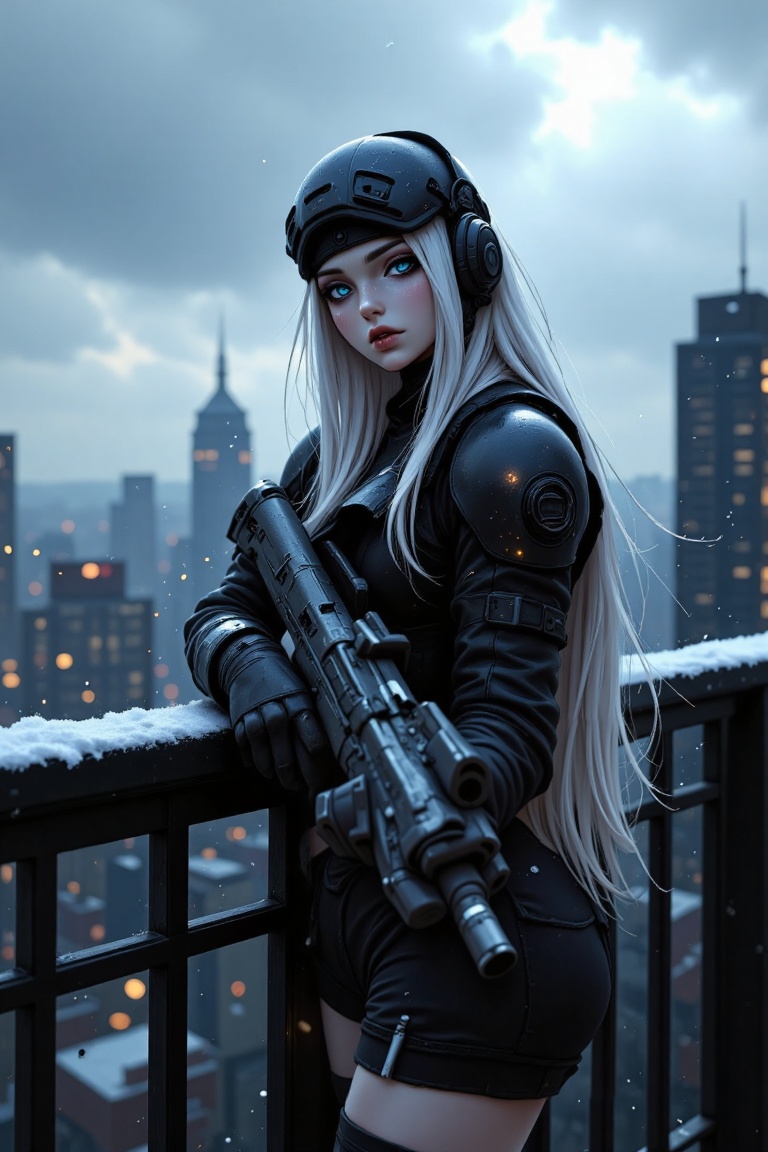 A young beauty with long,  flowing white hair and piercing blue eyes stands solo on a rooftop,  surrounded by the cityscap...