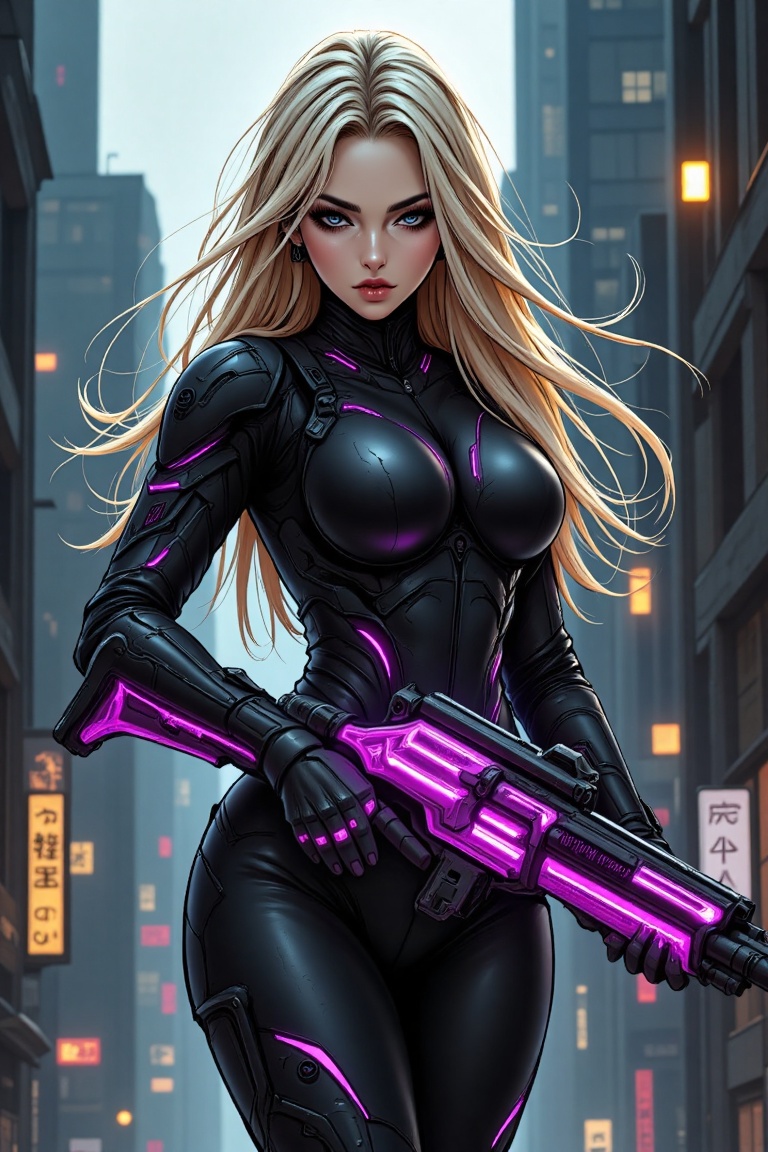 Create a highly detailed image of a beautiful and sexy woman in a Japanese manga style. The woman has long,  flowing blond...