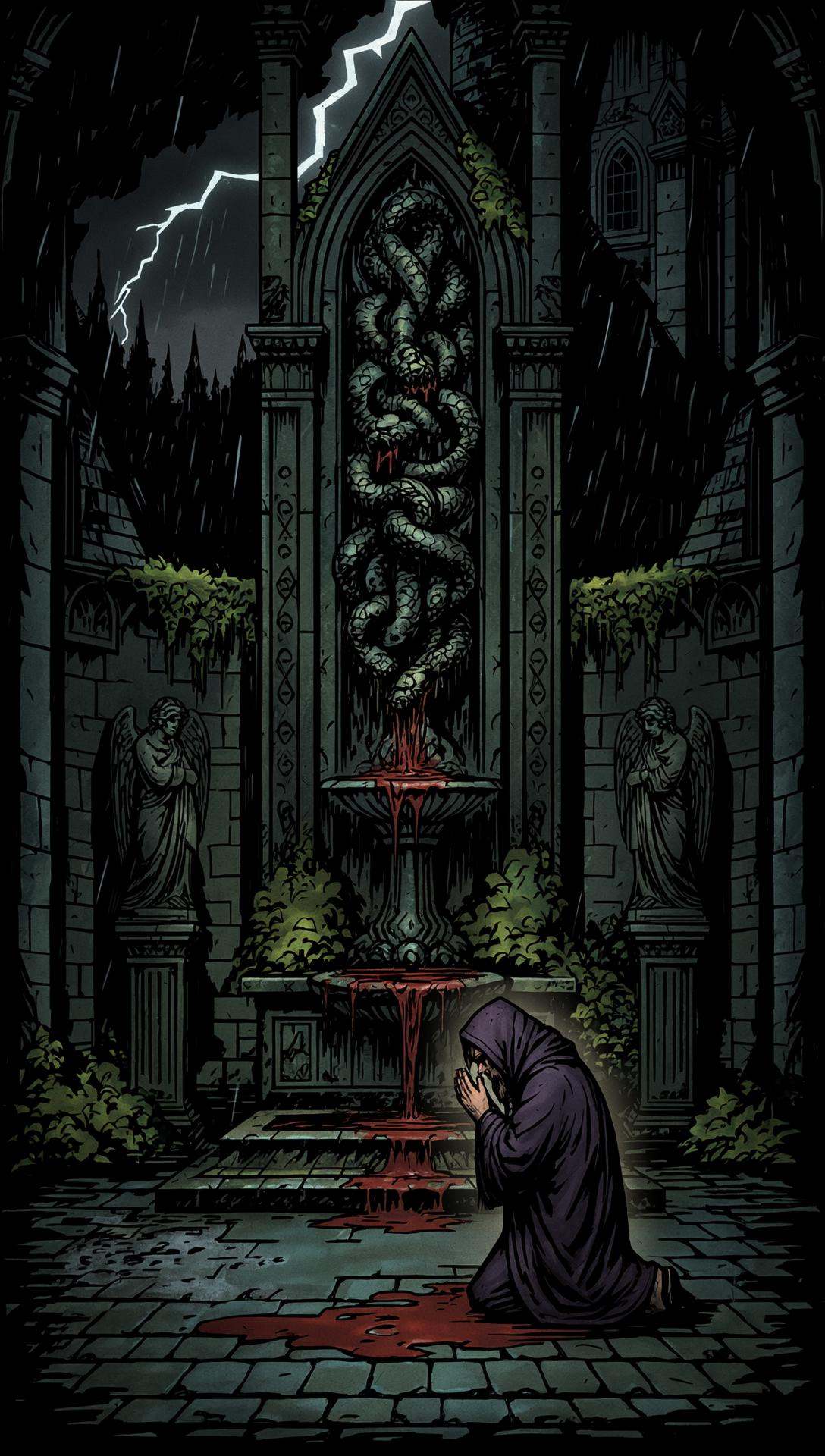 inked comic illustration in dd artstyle,  vertical composition emphasizing looming Gothic architecture,  illuminated by er...
