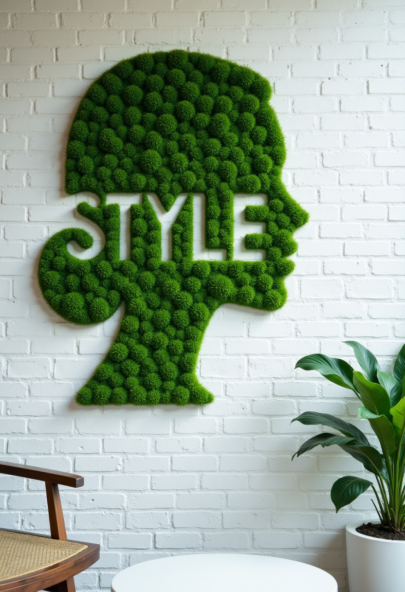 The picture shows a white brick wall with a profile of a woman's face.. The face consists of green moss,  which forms the...