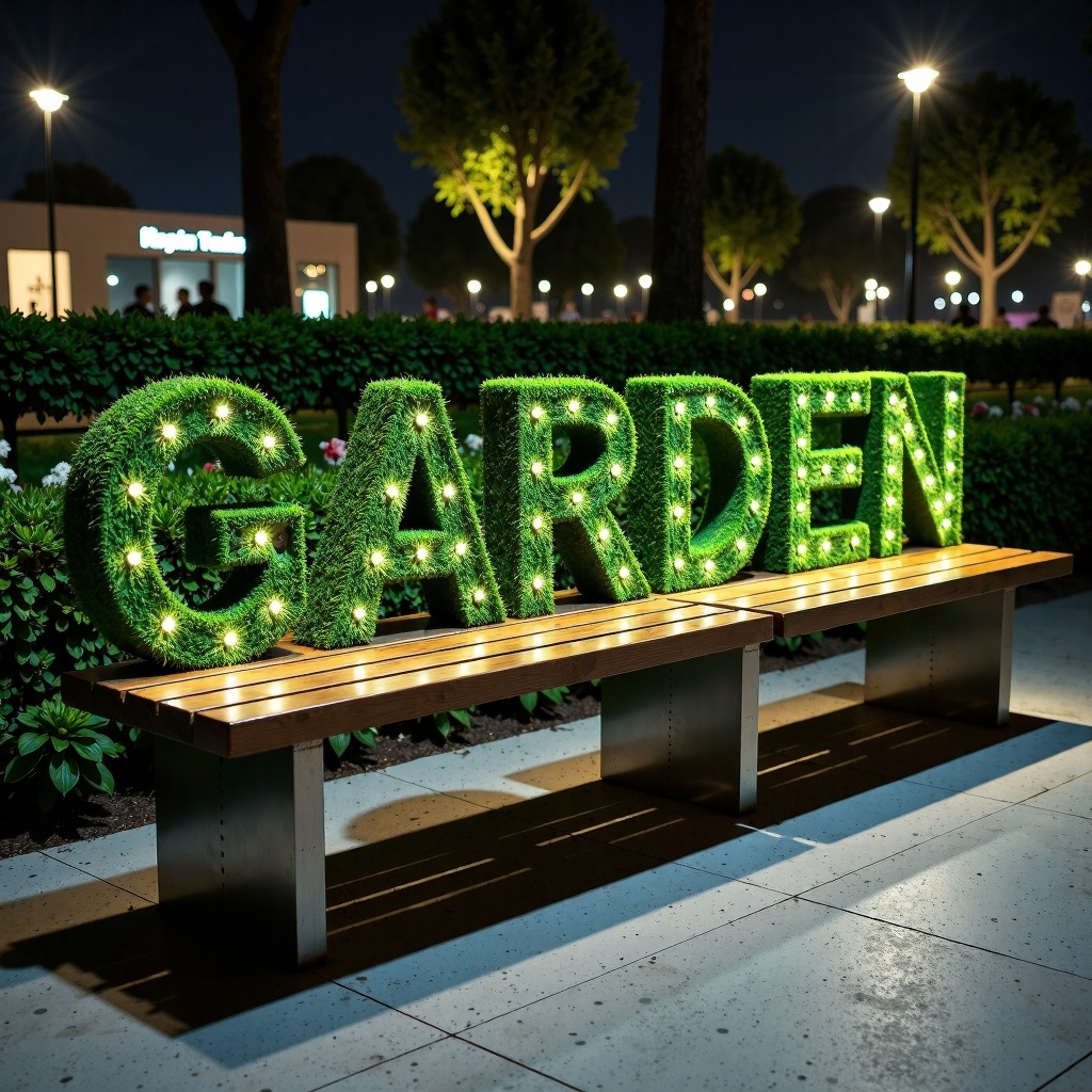 The picture shows a dark,  nocturnal park with branching LEDs. In the foreground there is a bench,  the design of which is...