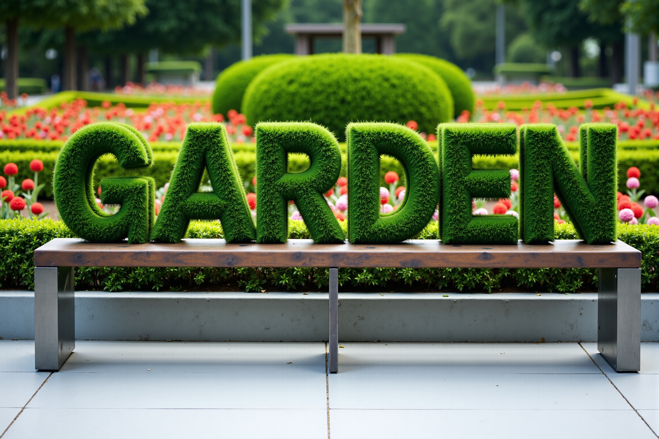 The picture shows a park. In the foreground is a bench made in the form of metal letters,  which are part of the word "GAR...