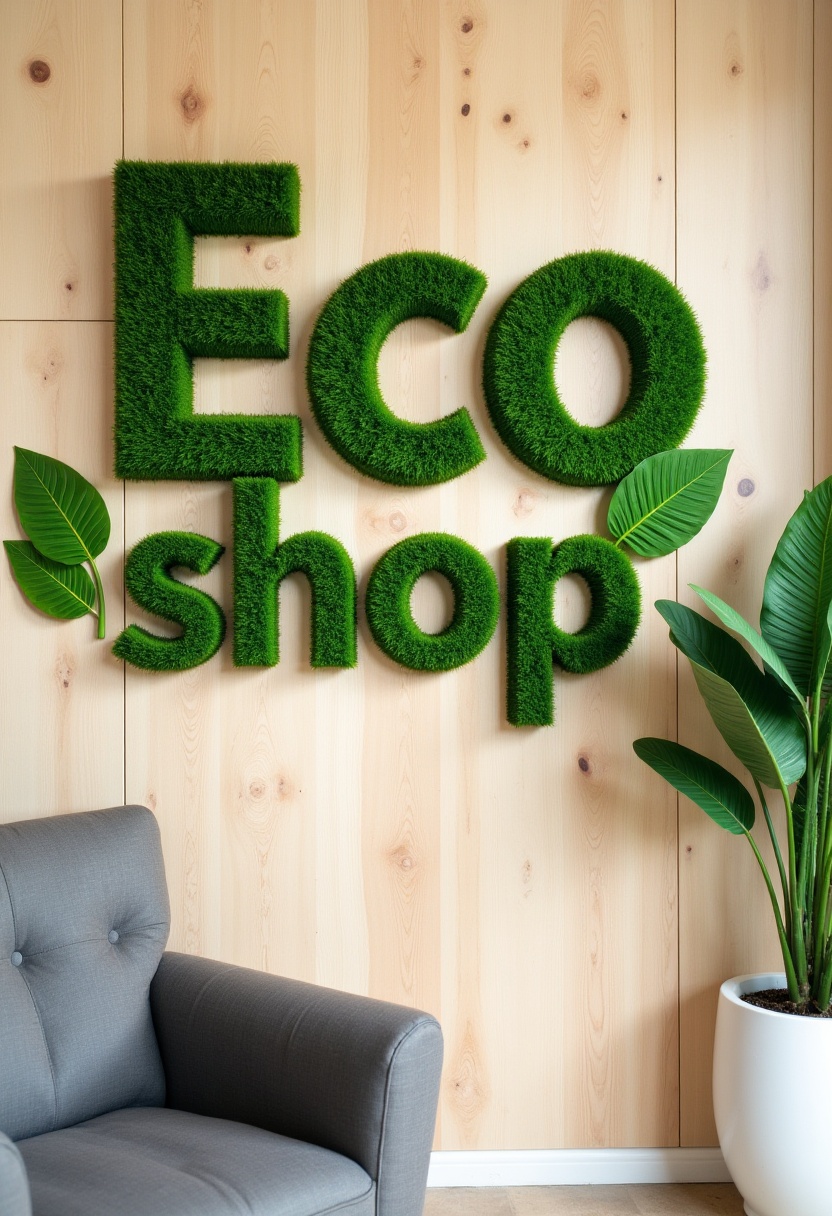 The picture shows a wall with a wooden surface decorated with a large text installation with the inscription "ECO-shop". T...