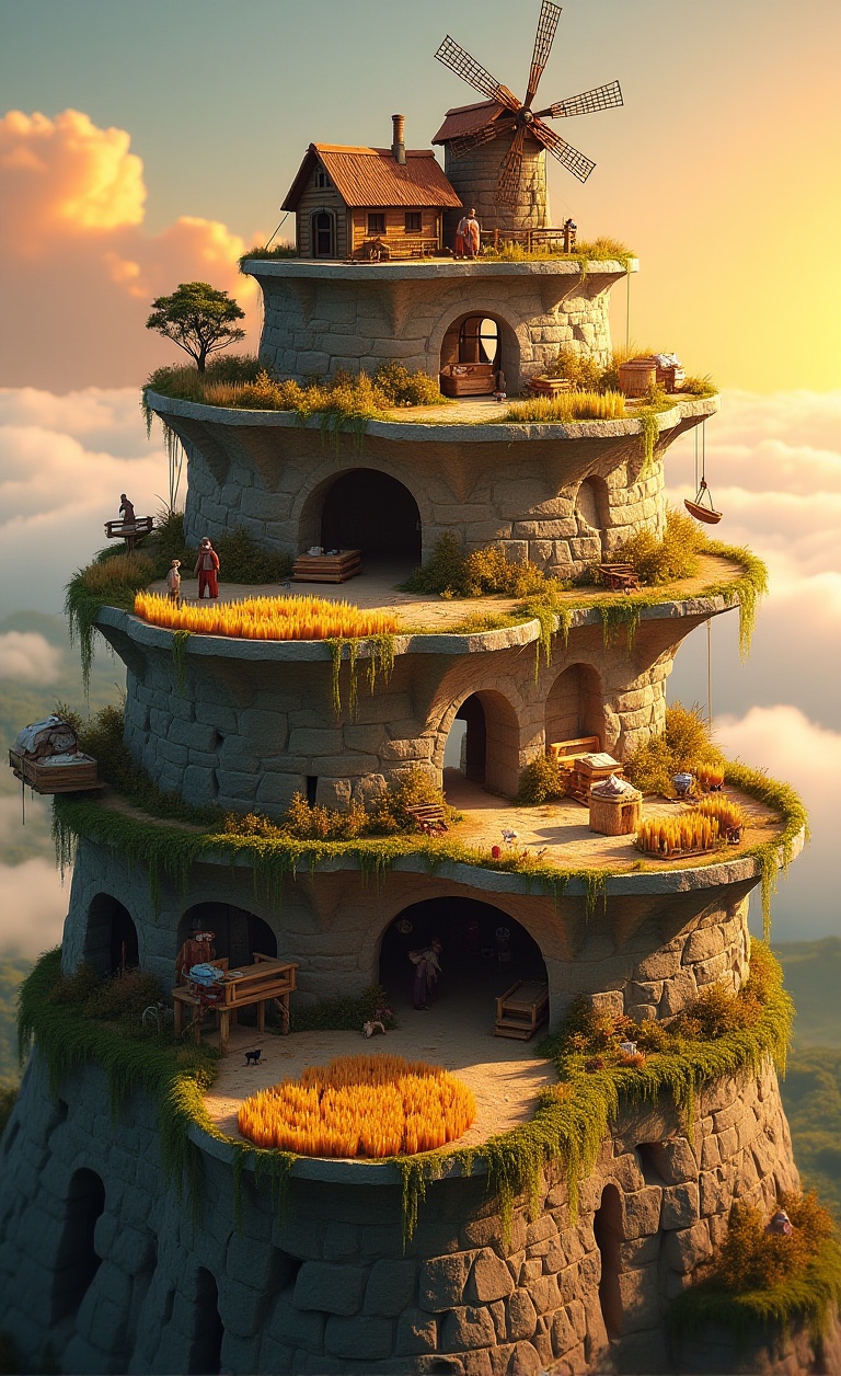 A cascading 5-level base with stone-reinforced terraces. Top level features a windmill-powered grain mill (1.4) and bakery...
