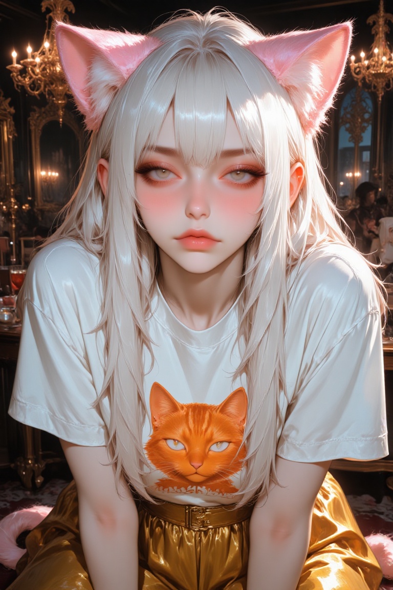Close-up portrait of a girl with long white hair and pink cat ears,  wearing a white t-shirt adorned with an orange cat de...
