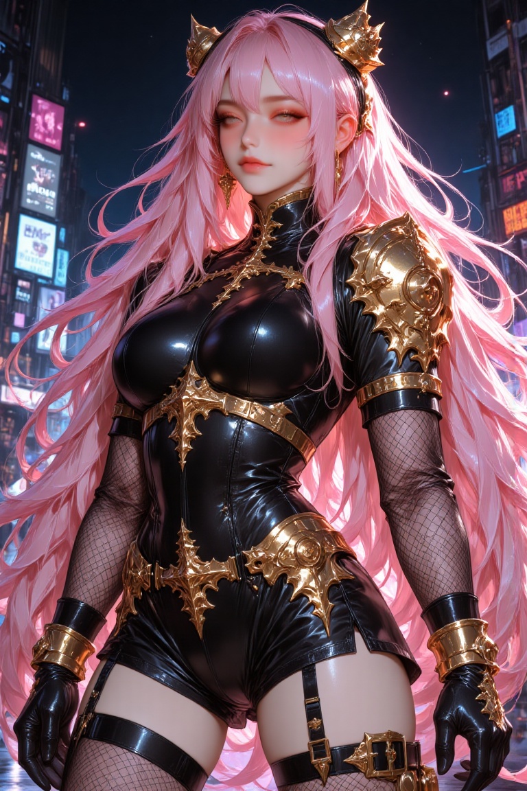 Beautiful girl in full Marin Kitagawa cosplay poses confidently in a dynamic full-body stance,  wearing the iconic black a...