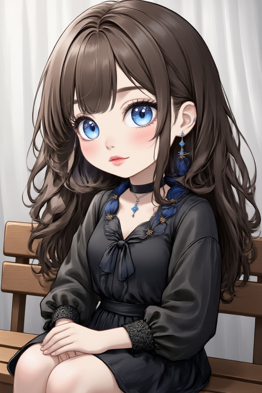 a cartoon girl with long dark brown hair and bright blue eyes sits on a wooden bench. She is wearing a black dress,  adorn...