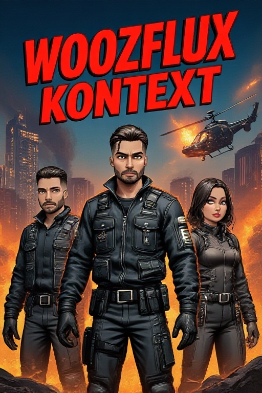 A dynamic movie poster inspired by G.I. Joe,  reimagined in WoozFLUX Kontext style. Place the bold red "WoozFLUX Kontext"...
