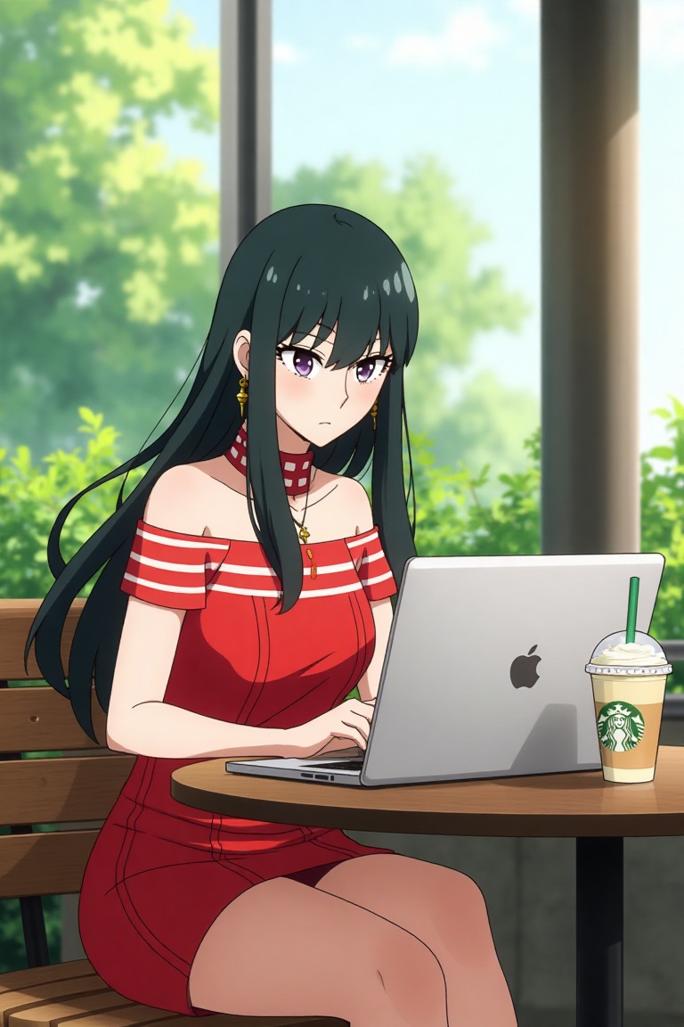 Yor Forger,  spy x family,  sitting at a cafe on Tensor.Art