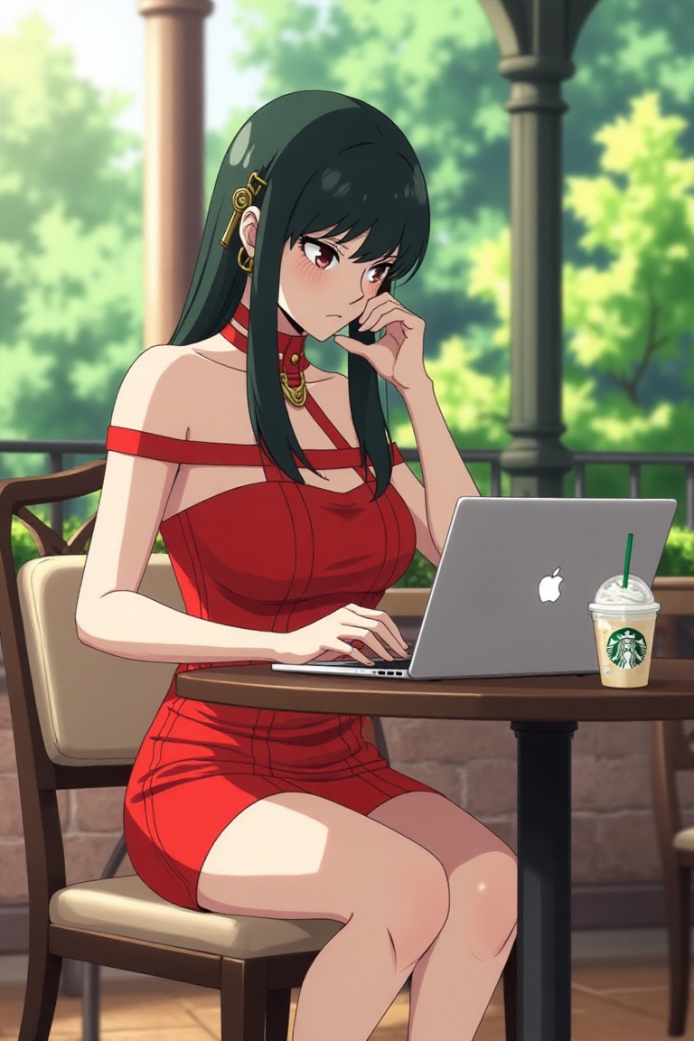 Yor Forger,  spy x family,  sitting at a cafe on Tensor.Art