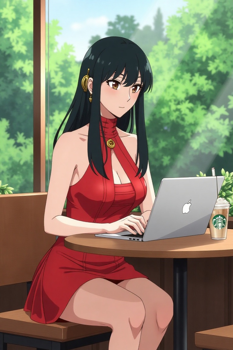 Yor Forger,  spy x family,  sitting at a cafe on Tensor.Art