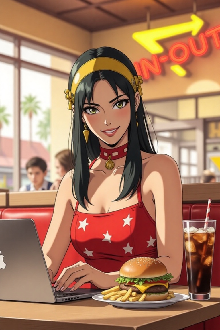 Yor Forger,  spy x family,  sitting at a table in In-and-Out Burger restaurant on Tensor.Art