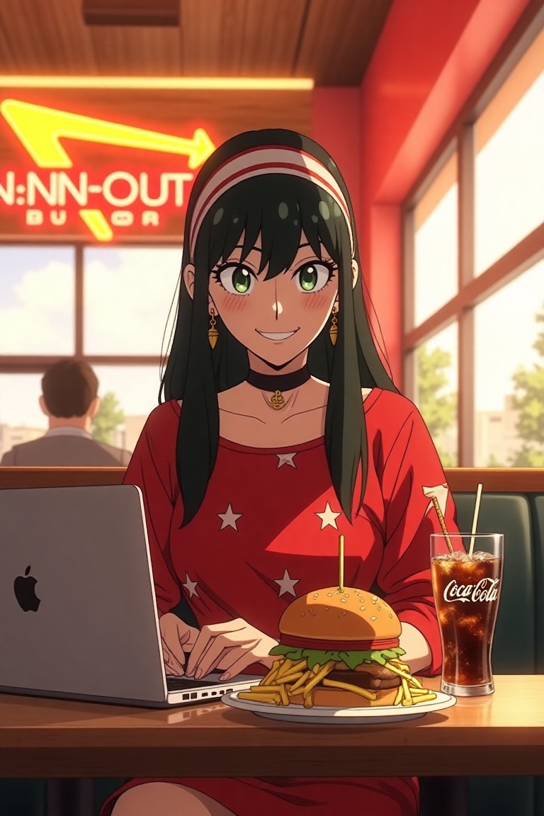 Yor Forger,  spy x family,  sitting at a table in In-and-Out Burger restaurant on Tensor.Art