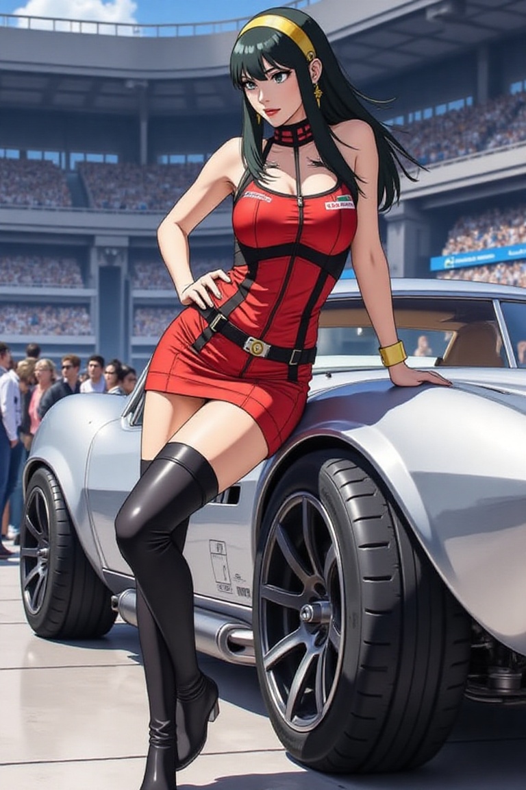 Yor Forger,  spy x family,  leaning on the car on Tensor.Art