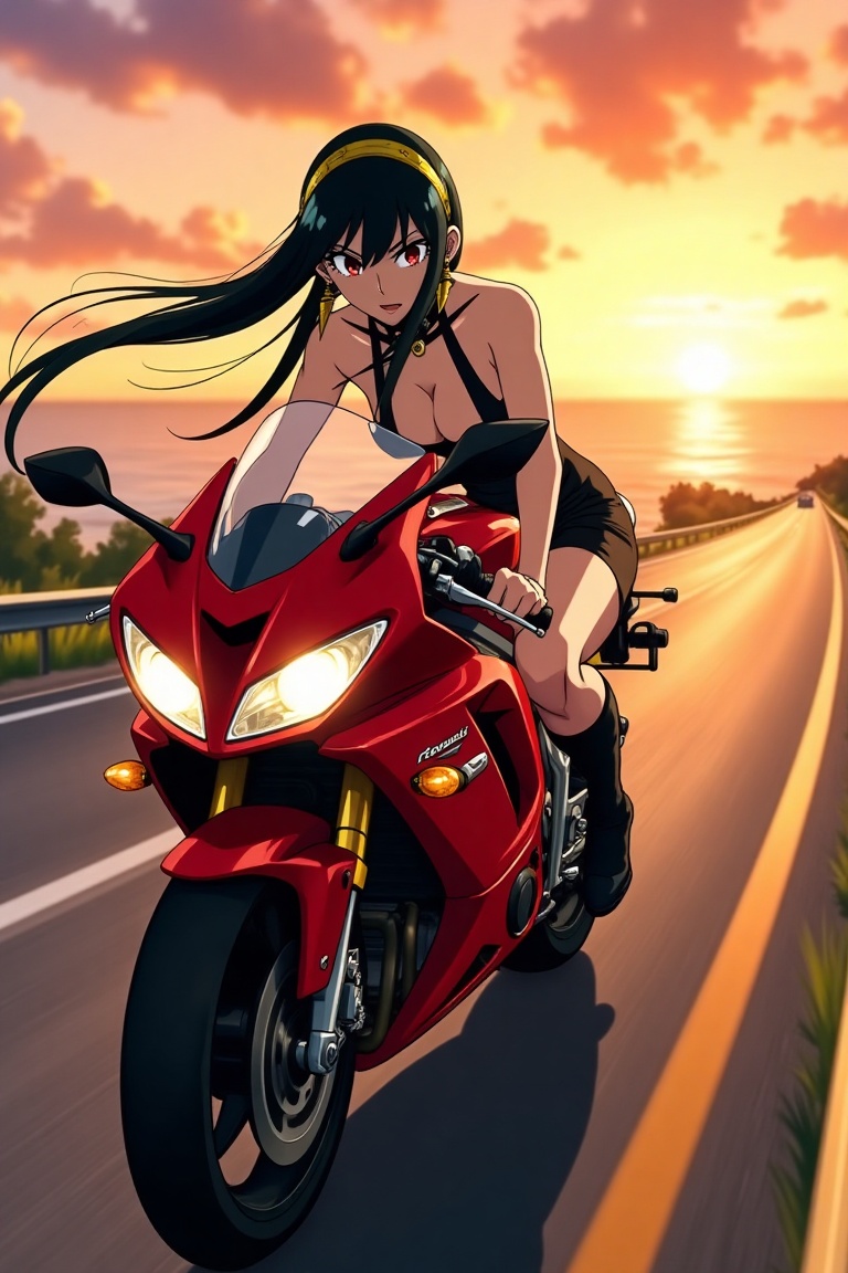 Anime of Yor Forger from spy x family,  1girl,  long black hair with gold headband and hair ornaments on Tensor.Art